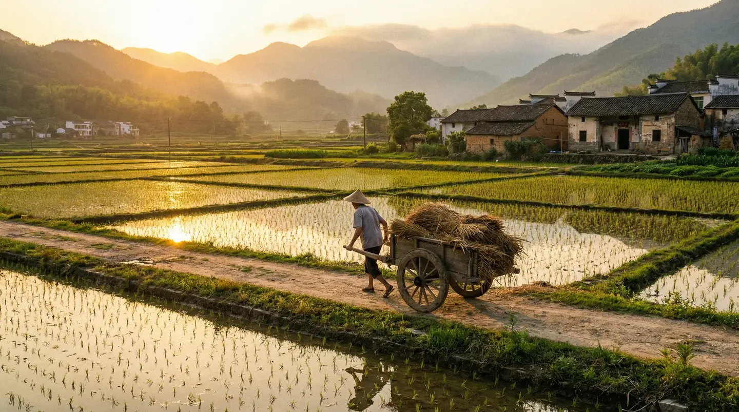 金色夕阳下老农推车行走在稻田间的田埂上 - 老汉推车- 乡村生活