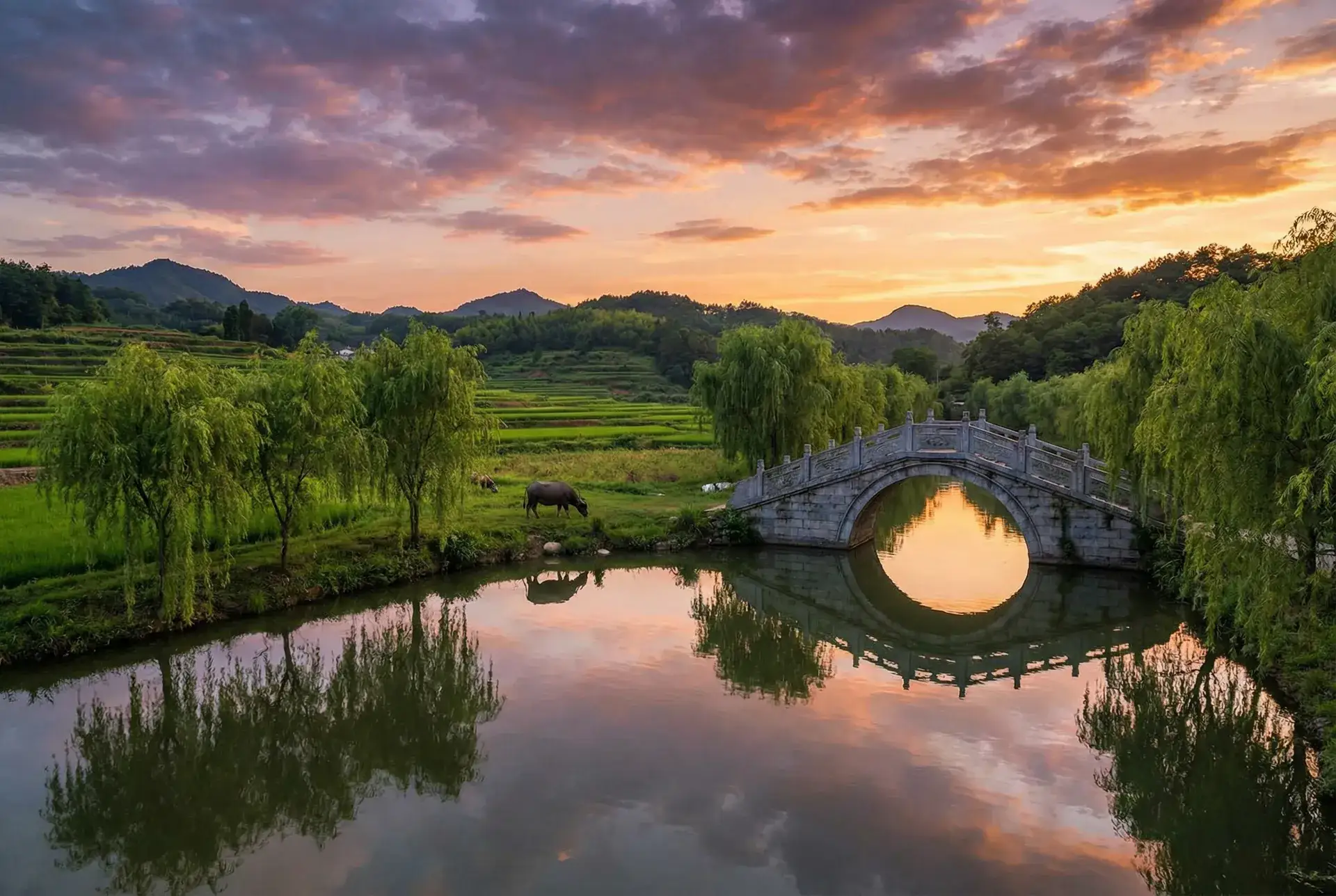 夕阳下乡村石拱桥与垂柳倒映水中 - 老汉推车- 乡村道路