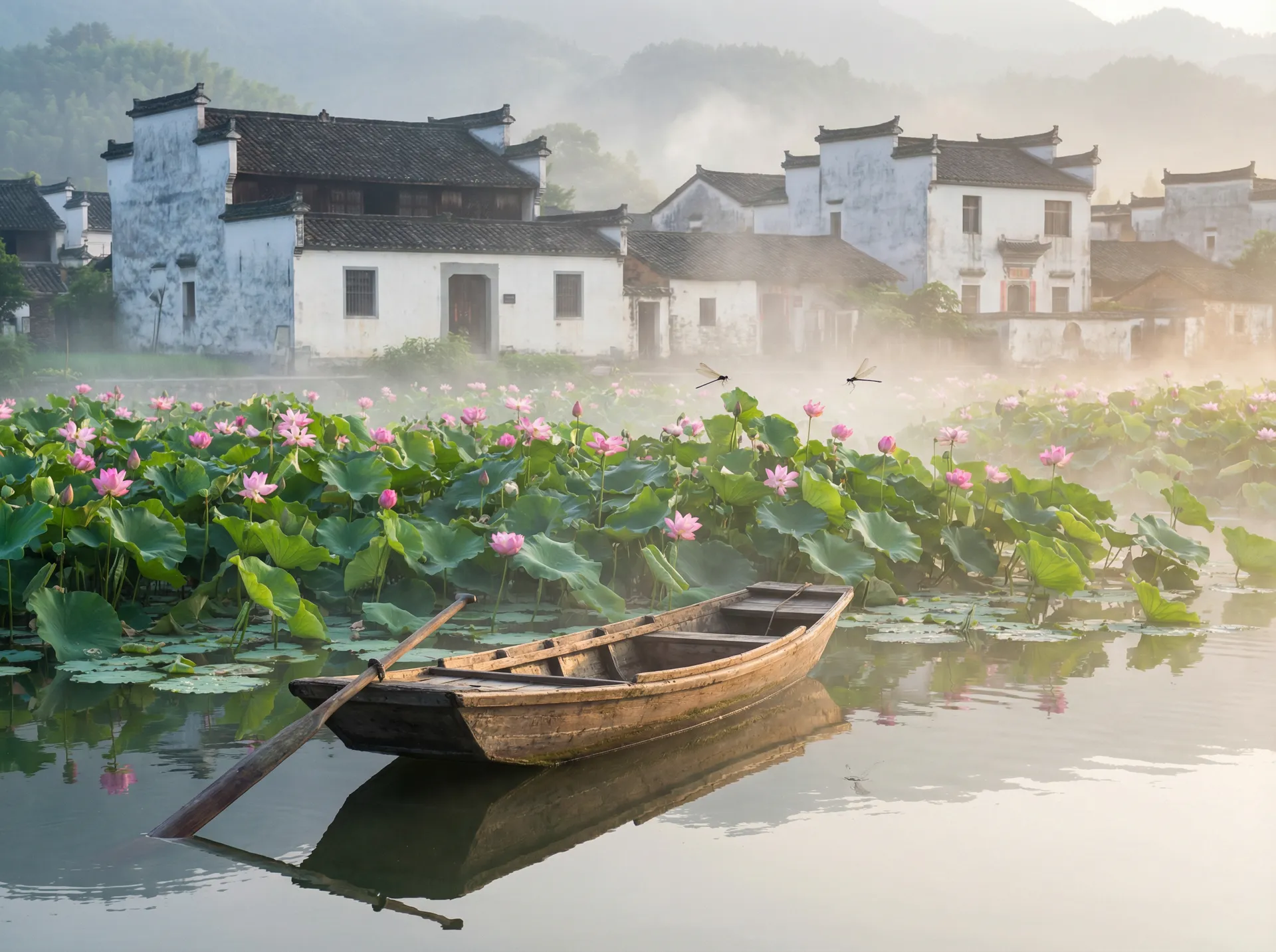 清晨荷塘小舟与粉色荷花 - 老汉推车- 乡村记忆
