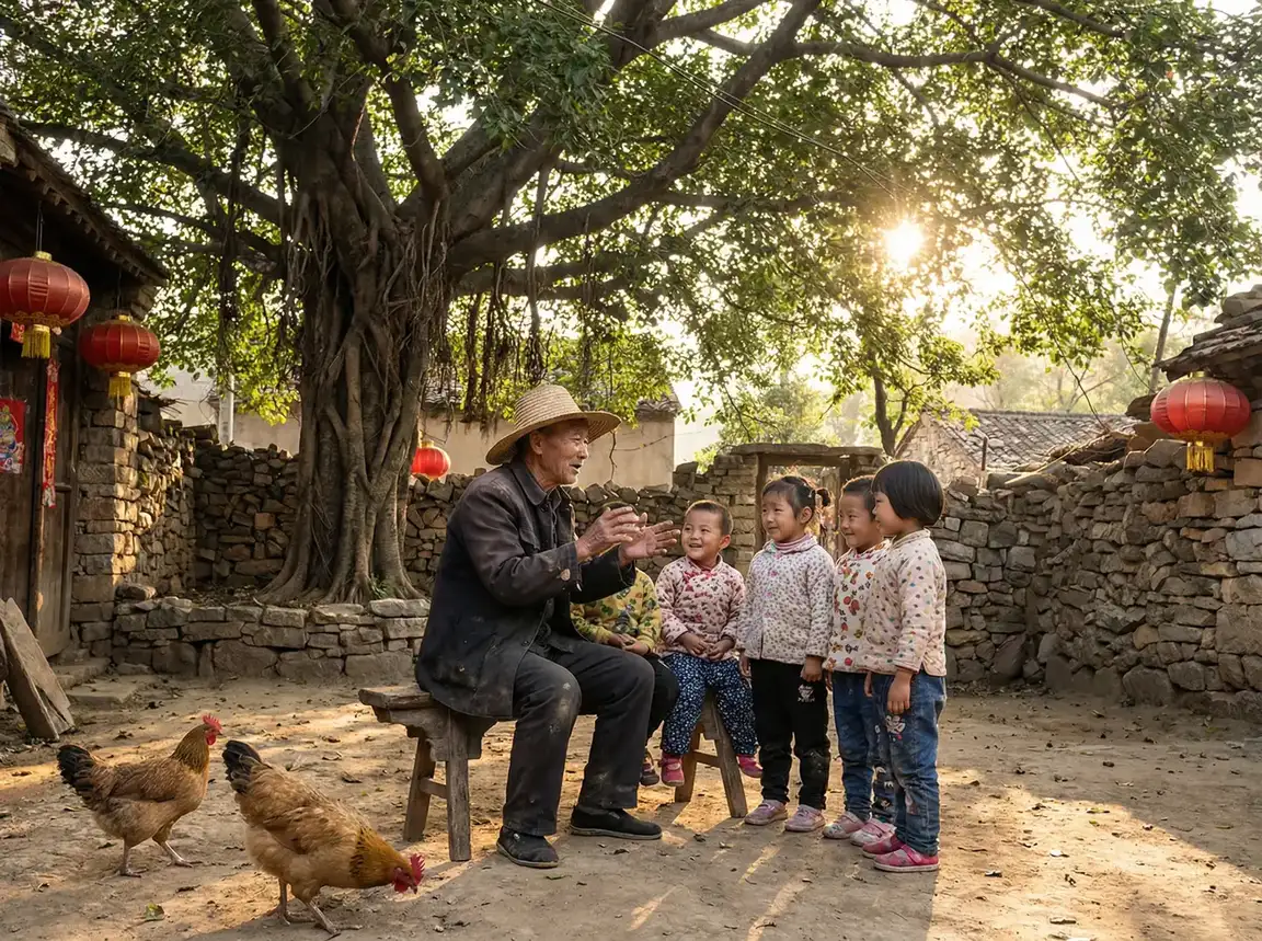 村庄里老人和孩子们在大树下交流 - 老汉推车- 乡村传承
