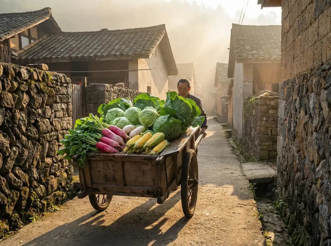 满载新鲜蔬菜的传统木质推车穿过石巷 - 老汉推车- 乡村运输