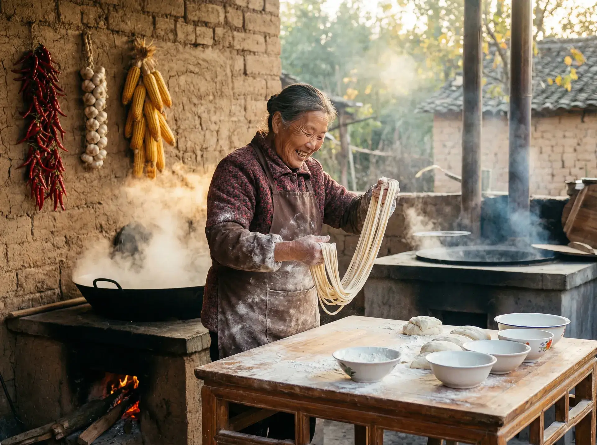 农家大嫂在灶台前做手擀面 - 老汉推车- 乡村美食