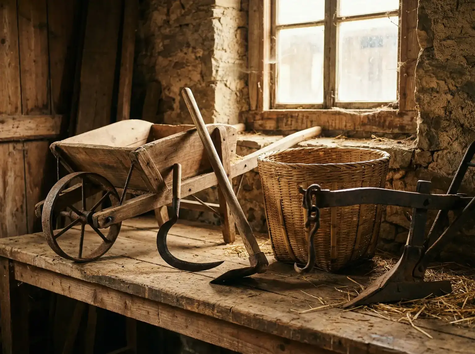 传统农具在木质工作台上整齐排列 - 老汉推车- 农具与装车工具