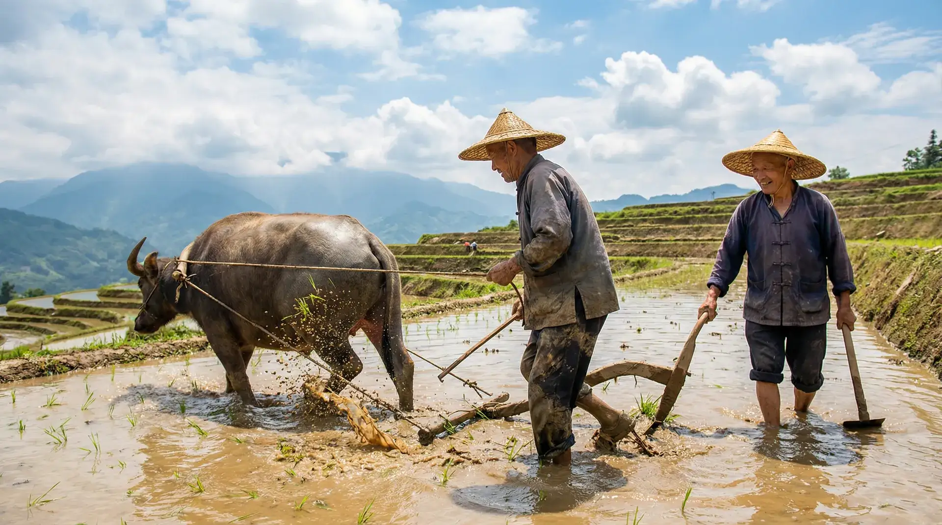 水牛犁田的传统农耕场景 - 老汉推车- 田间纪实